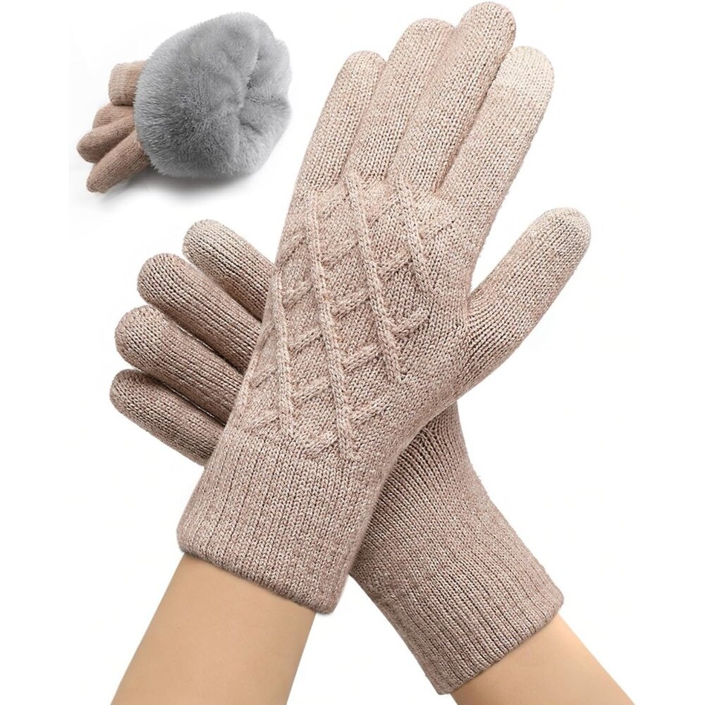 Women's Beige Wool Lining Cuffs Windproof Winter Warm Knit Cold Weather Gloves